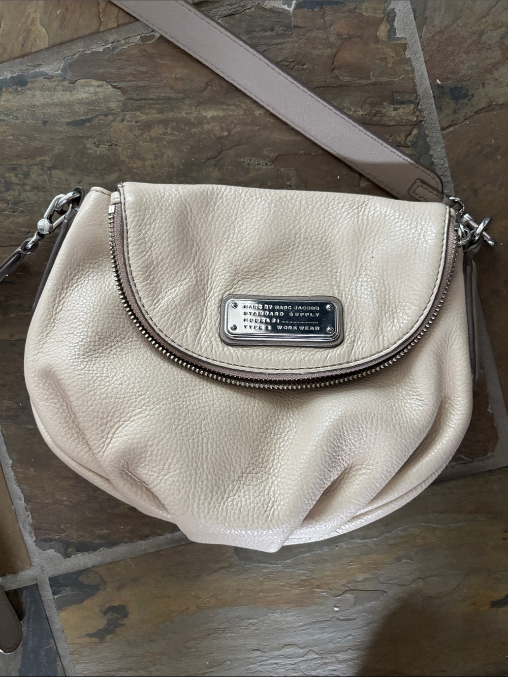 Marc By Marc Jacobs Cream Pebbled Leather Crossbody with Taupe Strap